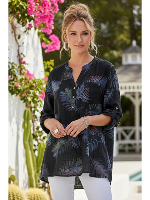 Chiccy İtalyan Siyah Hakim Yaka Düğmeli 3/4 Kol Yaprak Desenli Cepli Keten Görünümlü Dokuma Bluz 75 65 - S000508024-19351