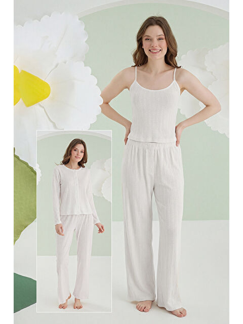 NBB Ekru Loungewear Pintel 3lü Pijama Takımı