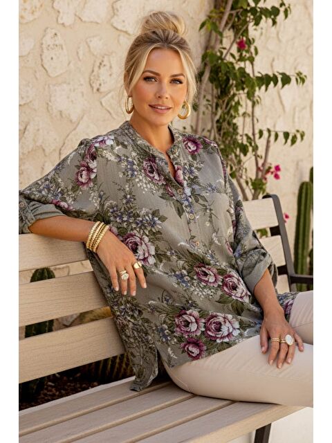 Chiccy İtalyan Vizon Hakim Yaka Düğmeli 3/4 Kol Çiçekli Cepli Casual Keten Görünümlü Dokuma Bluz 75 65 - S000508022-26429