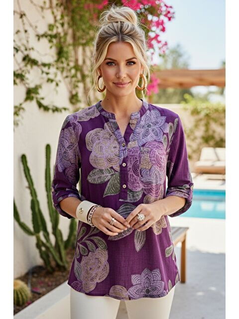 Chiccy İtalyan Mor Hakim Yaka Düğmeli 3/4 Kol Çiçekli Cepli Casual Keten Görünümlü Dokuma Bluz 75 65 - S000508021-20042