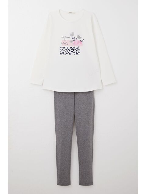 Breeze Kız Çocuk Taytlı Takım Çiçek & Simli Kelebek Baskılı Beyaz (4-8 Yaş) - S000355930-20063