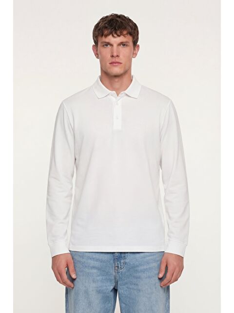 Sabri Özel Erkek Ekru Normal Kesim Regular Fit %100 Pamuk Uzun Kollu Düğmeli Polo Yaka Sweatshirt