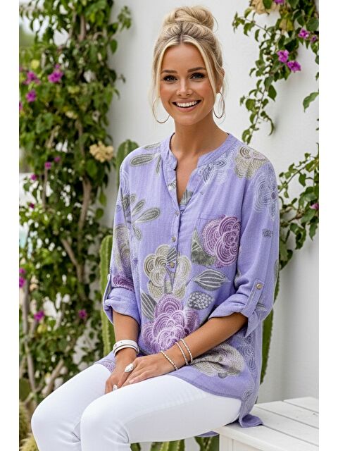 Chiccy İtalyan Lila Hakim Yaka Düğmeli 3/4 Kol Çiçekli Cepli Casual Keten Görünümlü Dokuma Bluz 75 65 - S000508021-17878