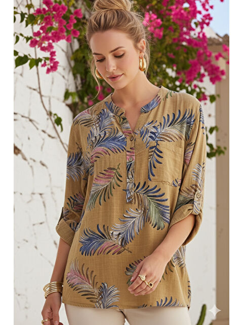 Chiccy İtalyan Hardal Hakim Yaka Düğmeli 3/4 Kol Yaprak Desenli Cepli Keten Görünümlü Dokuma Bluz 75 65 - S000508024-20074