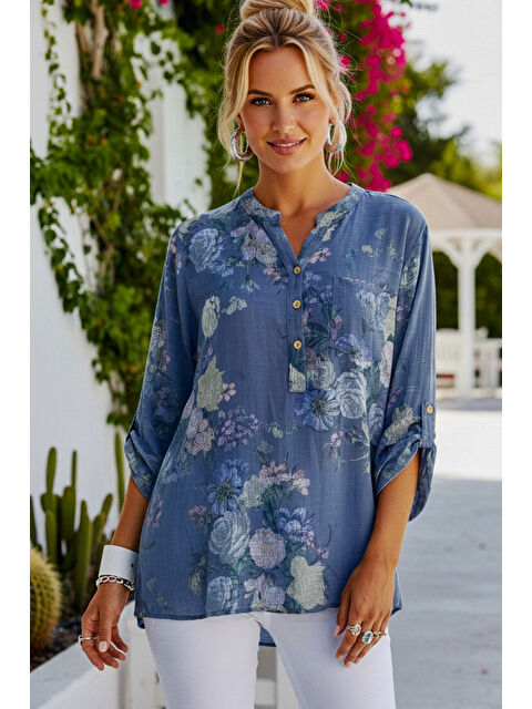 Chiccy İtalyan Mavi Hakim Yaka Düğmeli 3/4 Kol Çiçekli Cepli Casual Keten Görünümlü Dokuma Bluz 75 65 - S000508036-17234