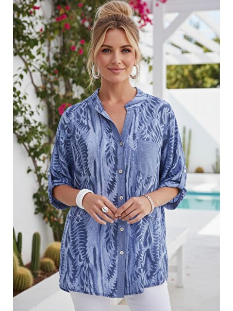 Chiccy İtalyan Mavi Hakim Yaka Düğmeli 3/4 Kol Desenli Düğmeli Pullu Cepli Viskon Dokuma Bluz 72 65 - S000508035-17234