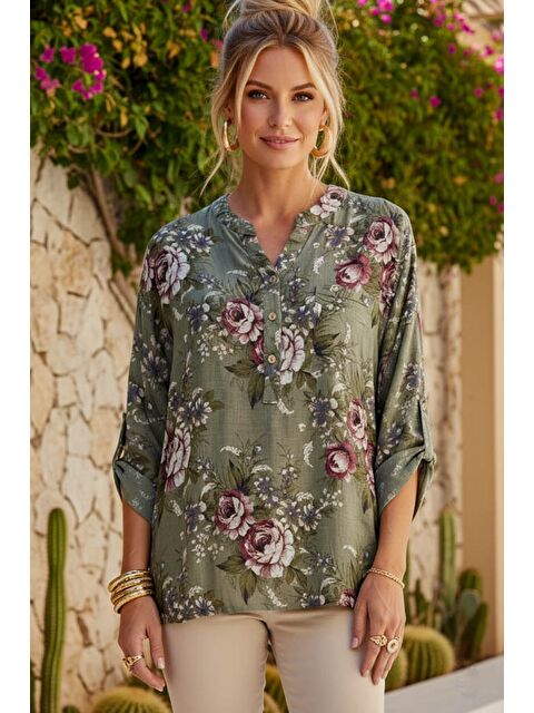 Chiccy İtalyan Haki Hakim Yaka Düğmeli 3/4 Kol Çiçekli Cepli Casual Keten Görünümlü Dokuma Bluz 75 65 - S000508022-18547