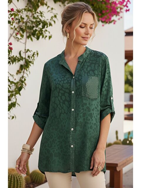 Chiccy İtalyan Koyu Yeşil Hakim Yaka 3/4 Kol Leopar Desenli Düğmeli Pullu Cepli Casual Viskon Dokuma 75 65 - S000508037-19416