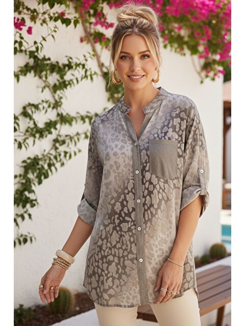 Chiccy İtalyan Bej Hakim Yaka 3/4 Kol Leopar Desenli Düğmeli Pullu Cepli Casual Viskon Dokuma 75 65 - S000508037-19928