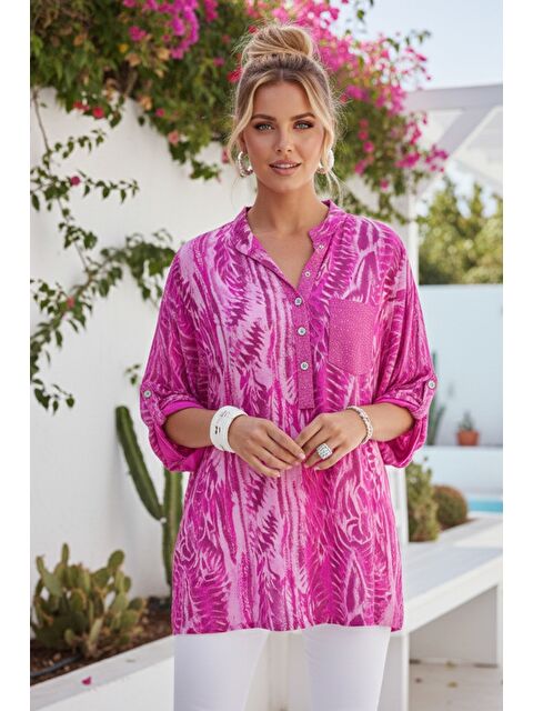 Chiccy İtalyan Pembe Hakim Yaka Düğmeli 3/4 Kol Desenli Düğmeli Pullu Cepli Casual Viskon Dokuma Bluz 72 65 - S000508035-20024