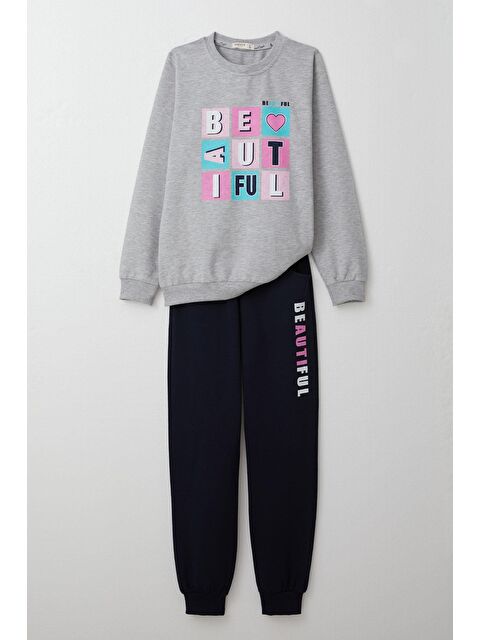 Breeze Kız Çocuk Eşofman Takım Renkli Yazı Baskılı Açık Gri Melanj (8-12 Yaş) - S000281917-17308
