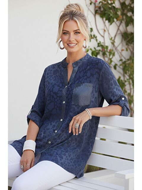 Chiccy İtalyan Lacivert Hakim Yaka 3/4 Kol Leopar Desenli Düğmeli Pullu Cepli Casual Viskon Dokuma 75 65 - S000508037-21164