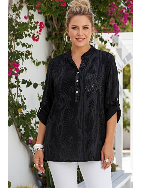 Chiccy İtalyan Siyah-Mavi Hakim Yaka Düğmeli 3/4 Kol Desenli Düğmeli Pullu Cepli Viskon Dokuma Bluz 72 65 - S000508035-37438