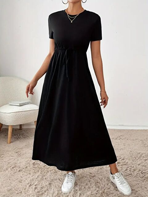 Jane's Kadın Kısa Kollu Bisiklet Yaka Belden Bağcıklı Cepli Viskon Elbise - S000528164-19351