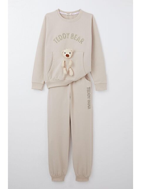 Breeze Kız Çocuk Eşofman Takım Ayıcık Aksesuarlı Yazı Nakışlı Bej (5-9 Yaş) - S000355937-19928