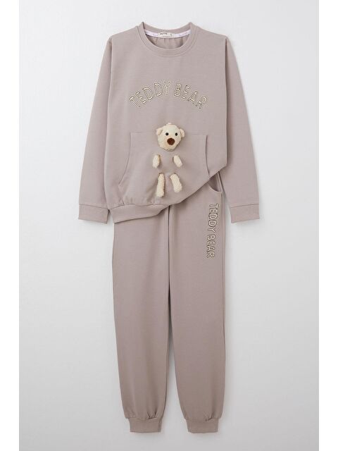 Breeze Kız Çocuk Eşofman Takım Ayıcık Aksesuarlı Yazı Nakışlı Vizon (5-9 Yaş) - S000355937-26429