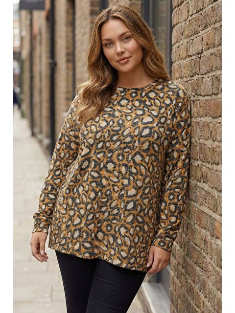 Stil Diva Büyük Beden Bisiklet Yaka Turuncu Leopar Desenli Yumoş Kazak 303869 - S000500736-37502