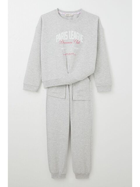 Breeze Kız Çocuk Eşofman Takım Lig Temalı Ön Kısmı V Dikişli Açık Gri Melanj (5-10 Yaş) - S000355935-17308