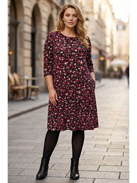 Stil Diva Büyük Beden Bisiklet Yaka Bordo Çiçek Desenli Dökümlü Cepli Diz Altı Elbise 270453 - S000500739-19951