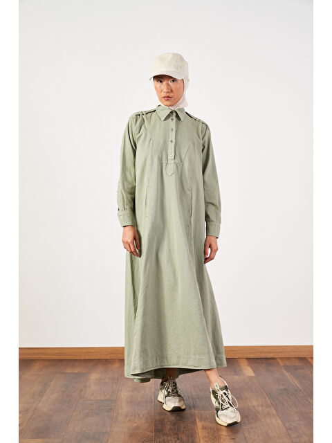 Mevra Oversize Kuşaklı Yaka Düğmeli Uzun Denim Elbise Çağla - S000508047-14939