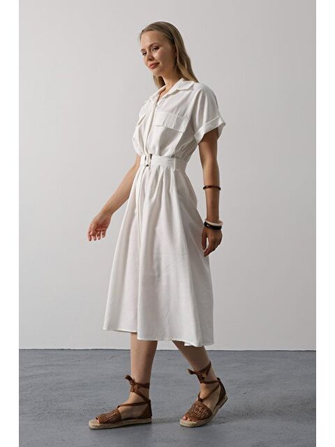 Jane's Kuşaklı Cep Detaylı Yarım Kol Elbise - Beyaz - S000527882-20063