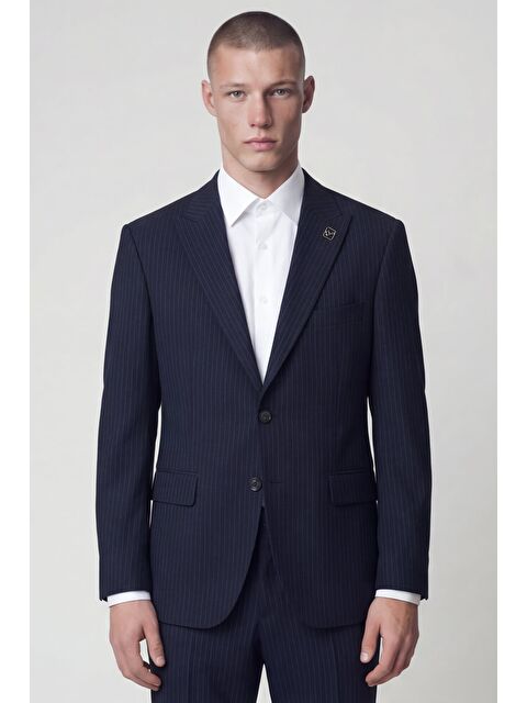 Sabri Özel Erkek Lacivert Normal Kesim Regular Fit Viskon Çizgili Tam Astarlı Sivri Yaka 6 Drop Takım Elbise