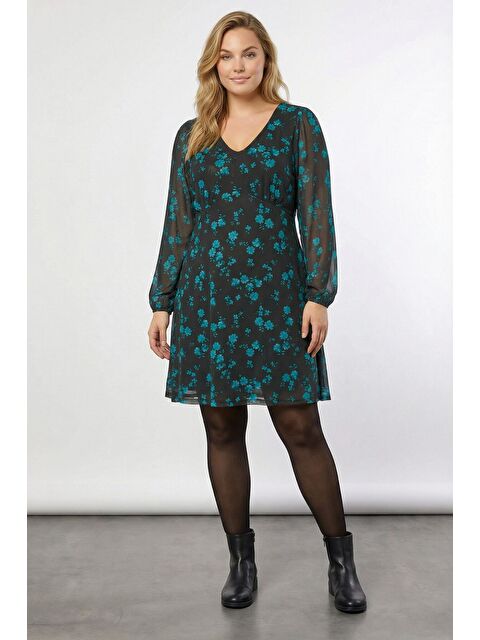 Stil Diva Büyük Beden Siyah Çiçek Desenli Kolları Tül Elbise 270367 - S000500741-4581