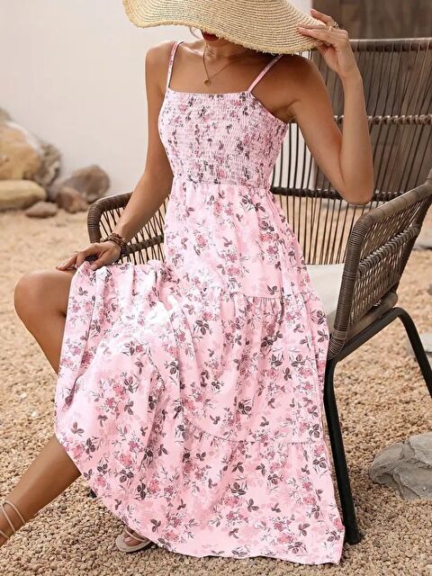 Jane's Kadın Ip Askılı Geniş V Yakalı Desenli Uzun Süprem Elbise - S000527922-20024