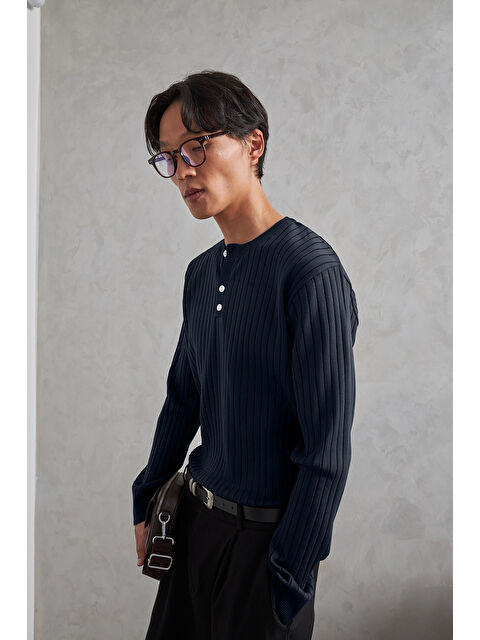 HYMAN Erkek Fitilli Henley Yaka Düğmeli Triko Kazak - S000515250-21164