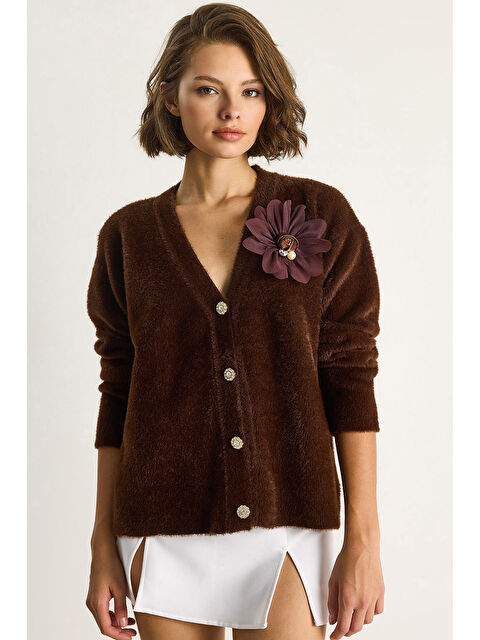 SHADE Kadın V Yaka Düğmeli Çiçek Aksesuarlı Yumuşak Dokulu Hırka - S000443355-19413