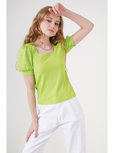 Bigdart 0409 Kare Yaka Örme Bluz - E.Yeşil - S000089626-37469