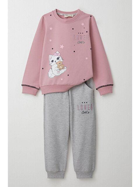 Breeze Kız Çocuk Eşofman Takım Sevimli Kedicik Baskılı Gülkurusu (1.5-4 Yaş) - S000294546-20028