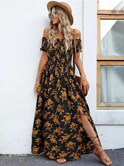 Jane's Kadın Kısa Kollu Madonna Yaka Yırtmaçlı çiçek Desenli Süprem Elbise - S000528170-19351