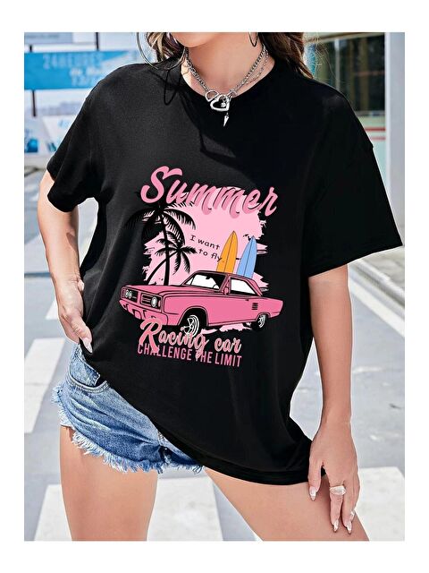 Trendseninle Kadın Siyah Summer Racing Car Baskılı Oversize Tişört - S000116575-19351