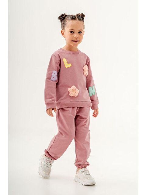 Magu Kız Çocuk Blom Pembe Kabartma Çiçek Pamuklu Sweatshirt Eşofman Alt-Üst Takım - S000492153-20024