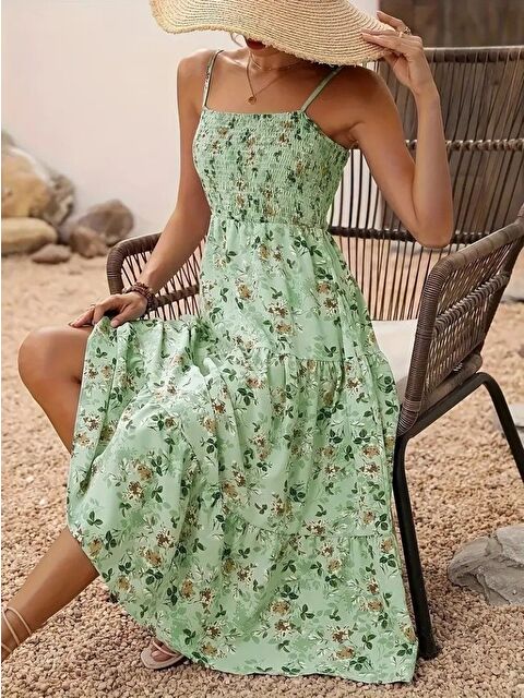 Jane's Kadın Ip Askılı Geniş V Yakalı Desenli Uzun Süprem Elbise - S000527922-18194