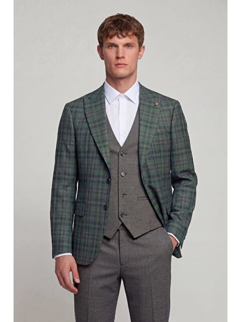 Sabri Özel Giotelli Erkek Yeşil Dar Kesim Slim Fit Yünlü Dokuma Ekose Normal Bel 6 Drop Yelekli Takım Elbise