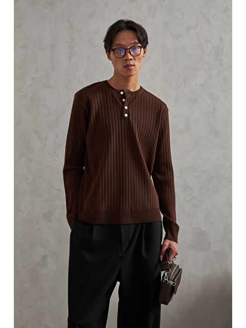 HYMAN Erkek Fitilli Henley Yaka Düğmeli Triko Kazak - S000515250-19413