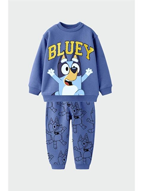 Magu Unisex Çocuk Mavi İşlemeli Bluey Desenli Pamuklu Sweatshirt Eşofman Alt-Üst Takım - S000492163-17234