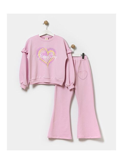 Magu Kız Çocuk Pamuklu Kalp Desenli Pamuklu Sweatshirt İspanyol Tayt Alt-Üst Takım - S000492161-20024