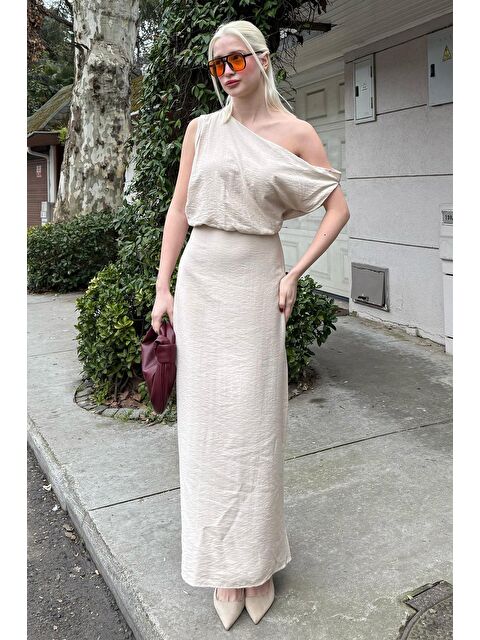 Madmext Taş Rengi Düşük Omuz Elbise Mg2349 - S000358132-25636