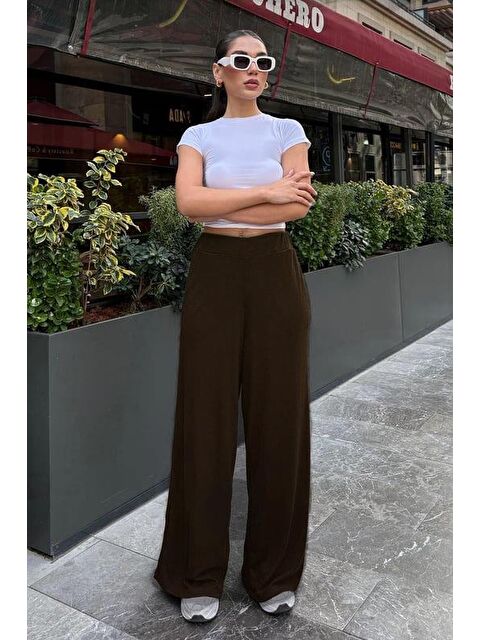 Madmext Kahverengi Yüksek Bel Rahat Kesim Geniş Paça Kadın Pantolon Mg2309 - S000346037-19413