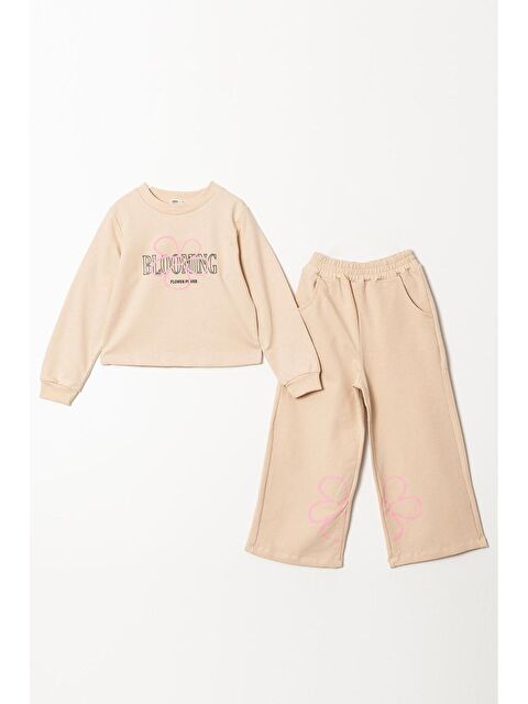 Magu Kız Çocuk Çiçek Desenli Pamuklu Sweatshirt İspanyol Eşofman Alt-Üst Takım - S000492168-19413