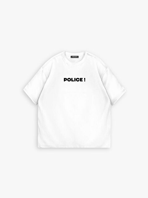 Abluka Online Erkek Oversize 'Police!' Baskılı İki İplik Tişört Beyaz - S000161054-20063