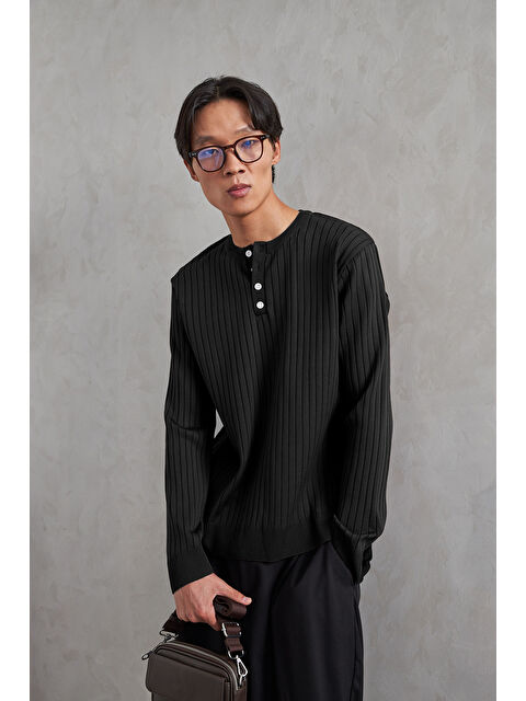 HYMAN Erkek Fitilli Henley Yaka Düğmeli Triko Kazak - S000515250-19351