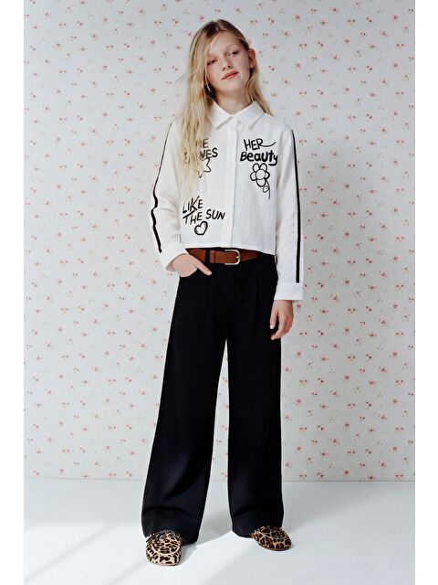 Magu Kız Çocuk Pamuklu Ekru Baskılı Gömlek Ve Siyah Kumaş Pantolon Takım - S000512918-37243