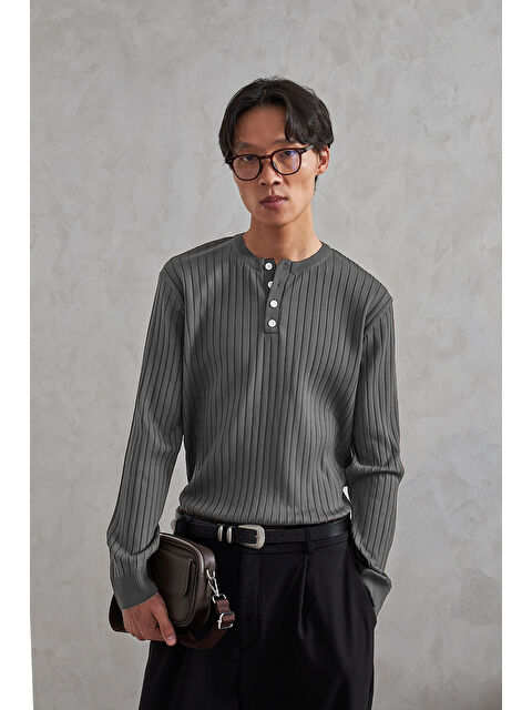 HYMAN Erkek Fitilli Henley Yaka Düğmeli Triko Kazak - S000515250-6352