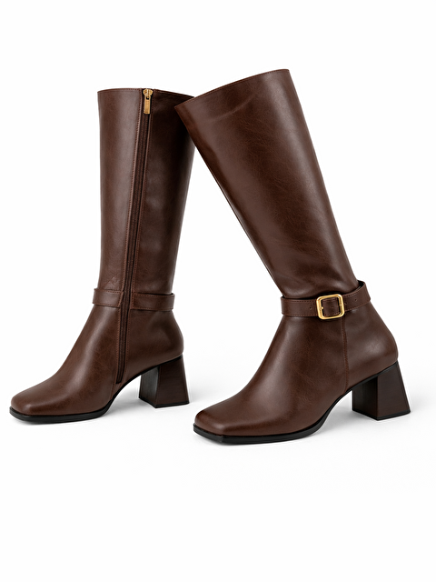 TONNY BLACK Kadın Kahve TPU Taban Tokalı Fermuarlı Diz Altı Topuklu Çizme - S000493969-19413