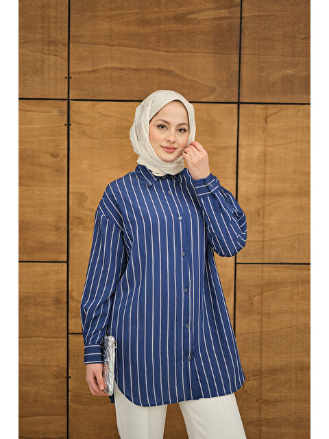 Locco Moda Kadın Çizgili Basic Gömlek Lacivert - S000513575-21164