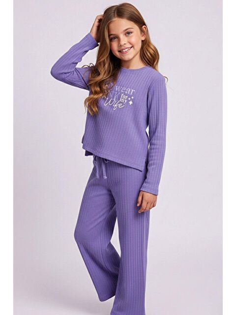 Breeze Kız Çocuk Pantolonlu Takım Yazı Nakışlı Fiyonk Detaylı Lila (4-8 Yaş) - S000505672-17878